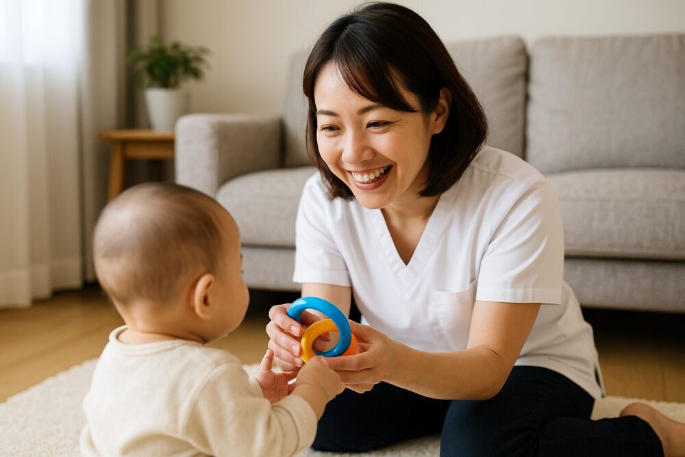 赤ちゃんと遊ぶ女性